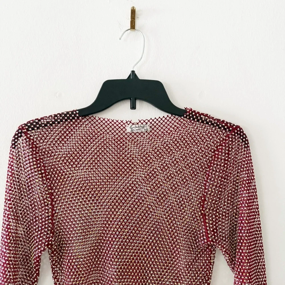 Free People Filter Finish Rhinestone Fishnet Ruby Red Long Sleeve Top Size XS